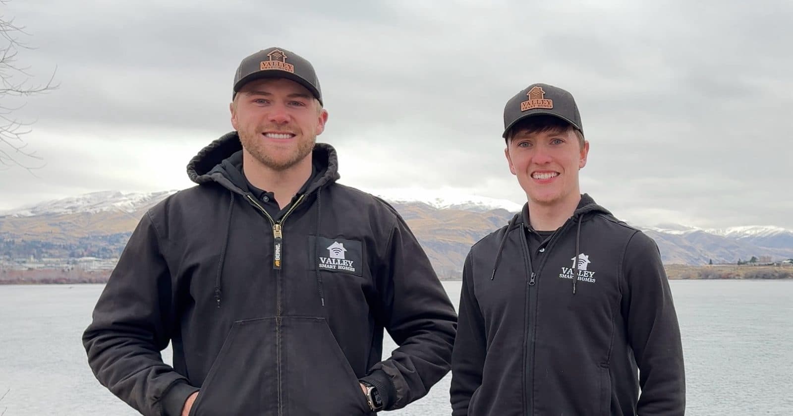 Riley Fagerland and Dylan Creedon, owners of Valley Smart Homes, on the Columbia River in Wenatchee