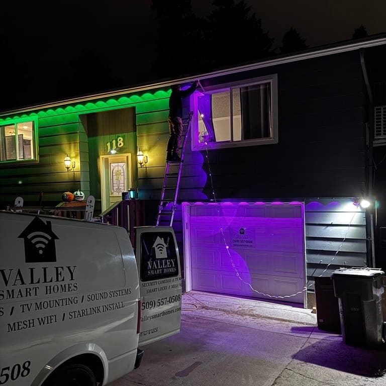 Permanent outdoor lighting in holiday colors