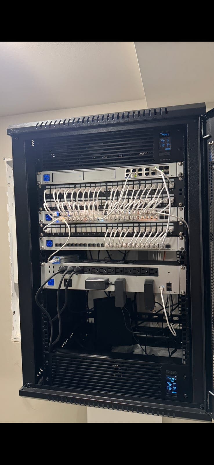 Structured wiring rack with dual patch panels and rack-mounted power