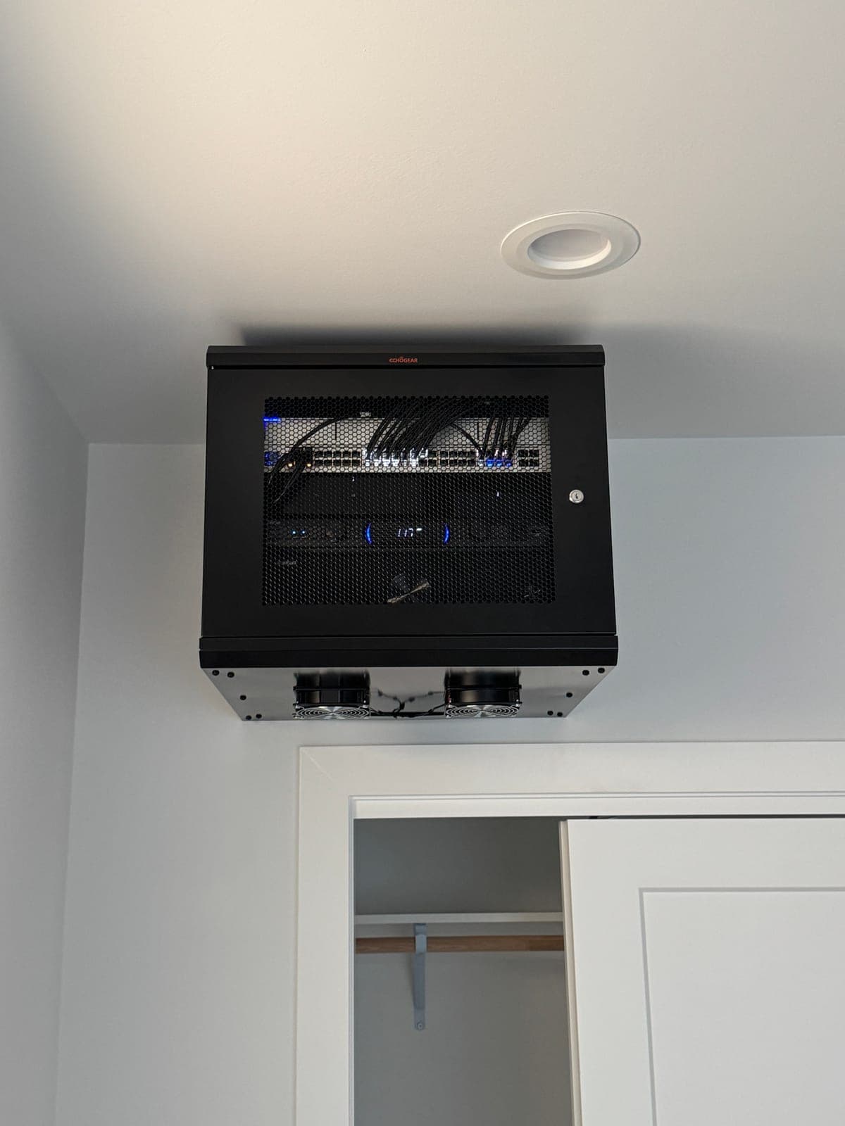 Wall-mounted network cabinet with switch and cooling fans